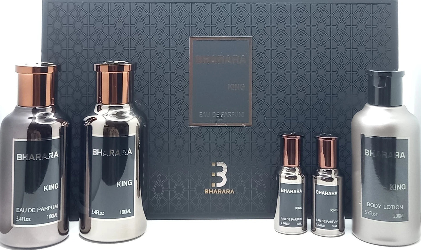 BHARARA KING 5 PCS GIFT SET MEN EDP 3.4 Oz, EDP 0.34 x 2, AFTER SHAVE, B/LOTION!